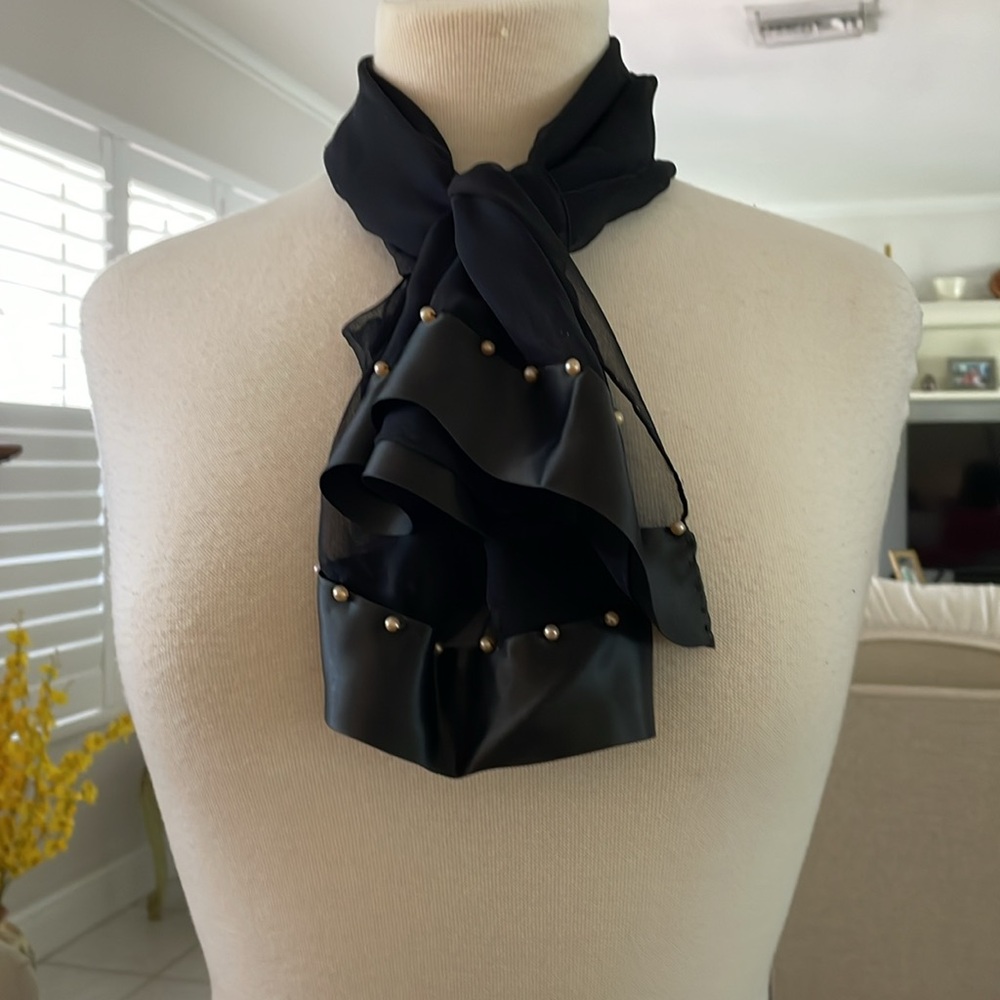 Vintage silk and satin neck or hair scarf with hand sewn beads!